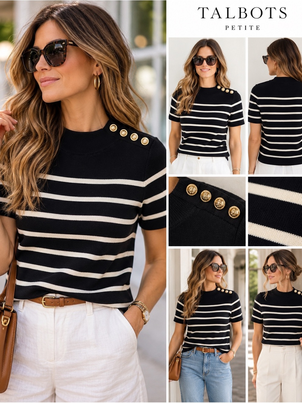 Talbots Petite Nautical Striped Gold Button Sweater MP